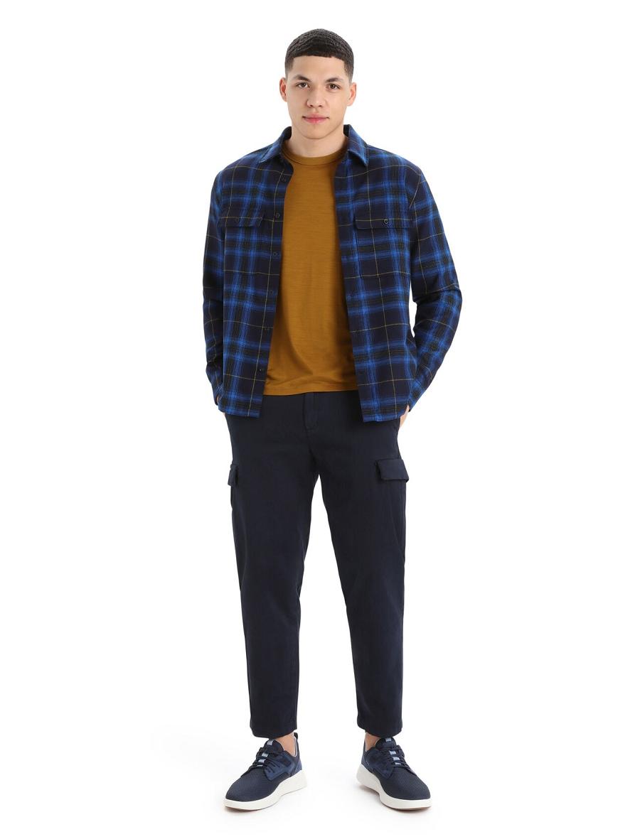 Men's Icebreaker Merino Dawnder Long Sleeve Flannel Shirt Plaid Hoodie Midnight Navy | CA 1692FDNM